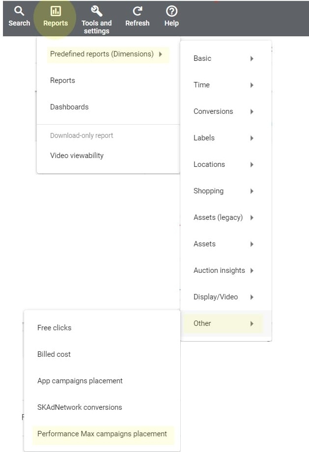 Screenshot shows where to go to check the placement impressions on a Google Performance Max Campaign to see if there was a noticable change in impressions across GDN placements on Google’s owned and operated channels.