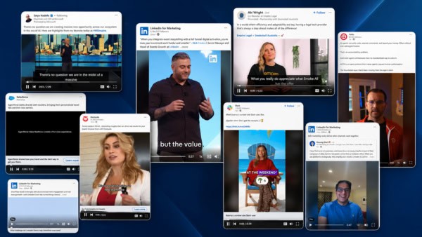 Examples of B2B video content appearing in LinkedIn feeds, including product videos, customer stories and executive thought leadership